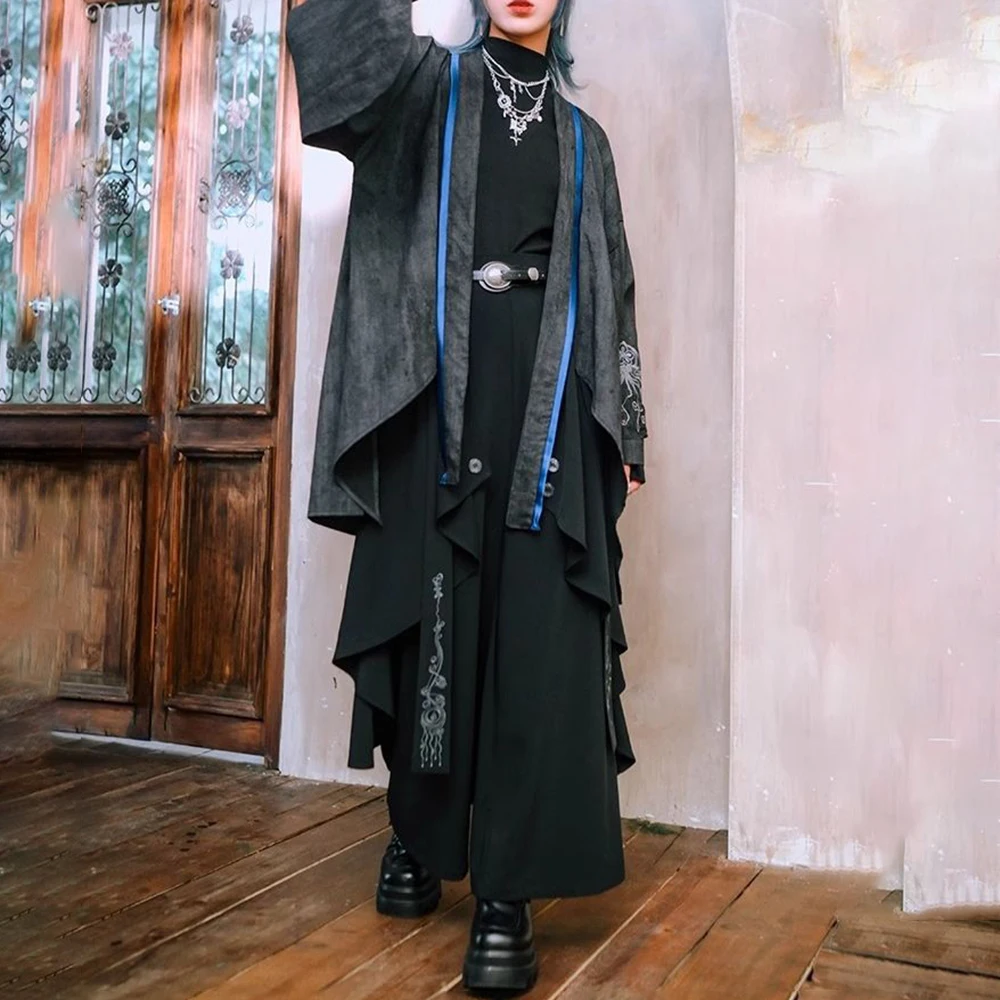 Dark Gothic Embroidered Ribbon Layered Irregular Skirt Pants Genderless Streetwear Y2k Japanese Hakama Samurai Pants Unisex 2024