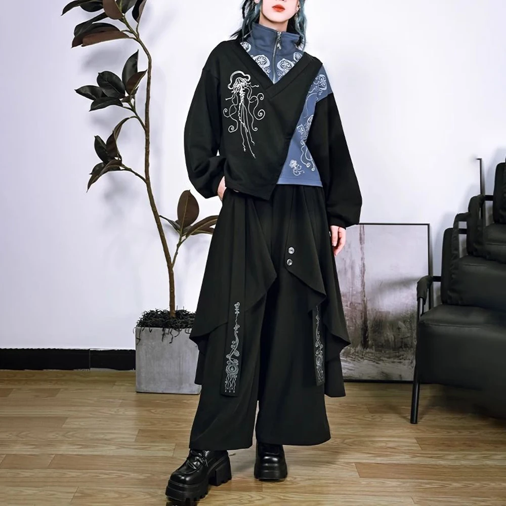 Dark Gothic Embroidered Ribbon Layered Irregular Skirt Pants Genderless Streetwear Y2k Japanese Hakama Samurai Pants Unisex 2024