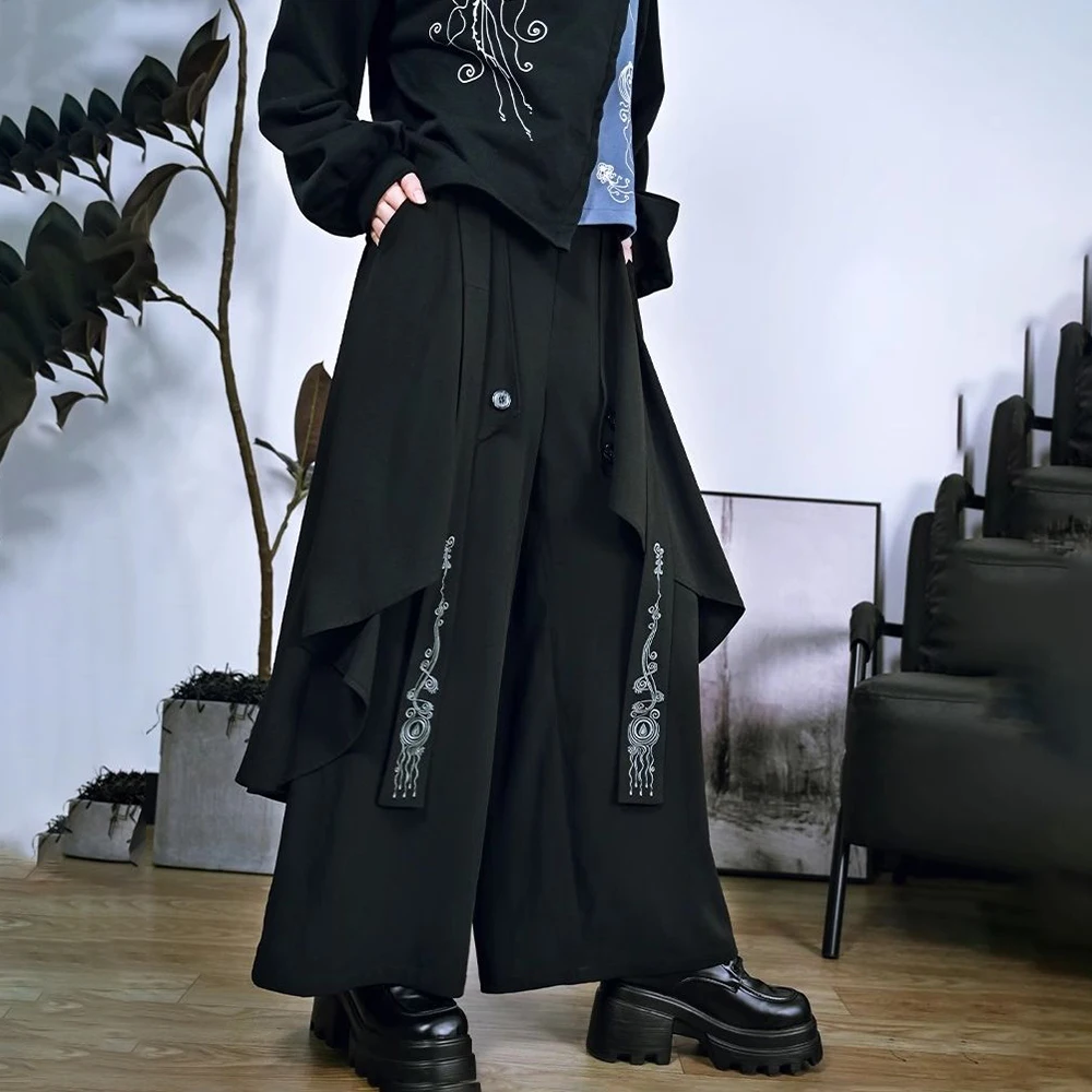 Dark Gothic Embroidered Ribbon Layered Irregular Skirt Pants Genderless Streetwear Y2k Japanese Hakama Samurai Pants Unisex 2024