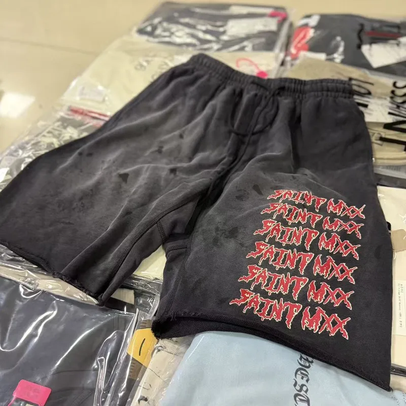 Retro High Street Washed Distressed Saint Shorts Men Women Elastic Drawstring Letter Print Sports Shorts Cut Edge Cropped Pants