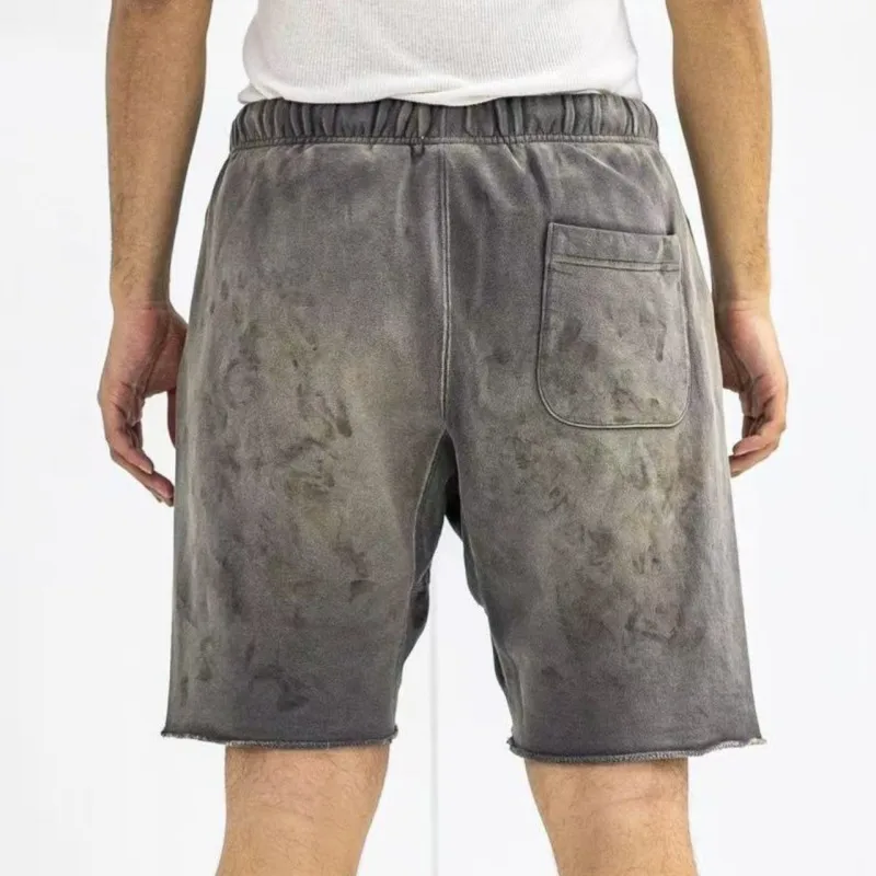 Retro High Street Washed Distressed Saint Shorts Men Women Elastic Drawstring Letter Print Sports Shorts Cut Edge Cropped Pants