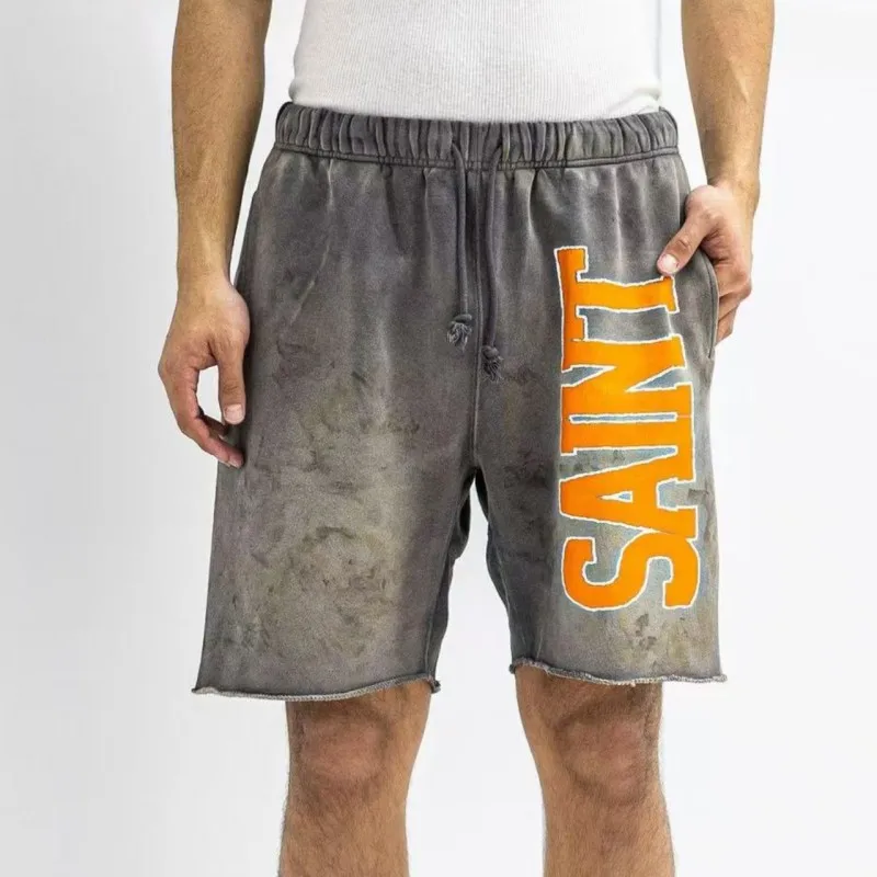 Retro High Street Washed Distressed Saint Shorts Men Women Elastic Drawstring Letter Print Sports Shorts Cut Edge Cropped Pants