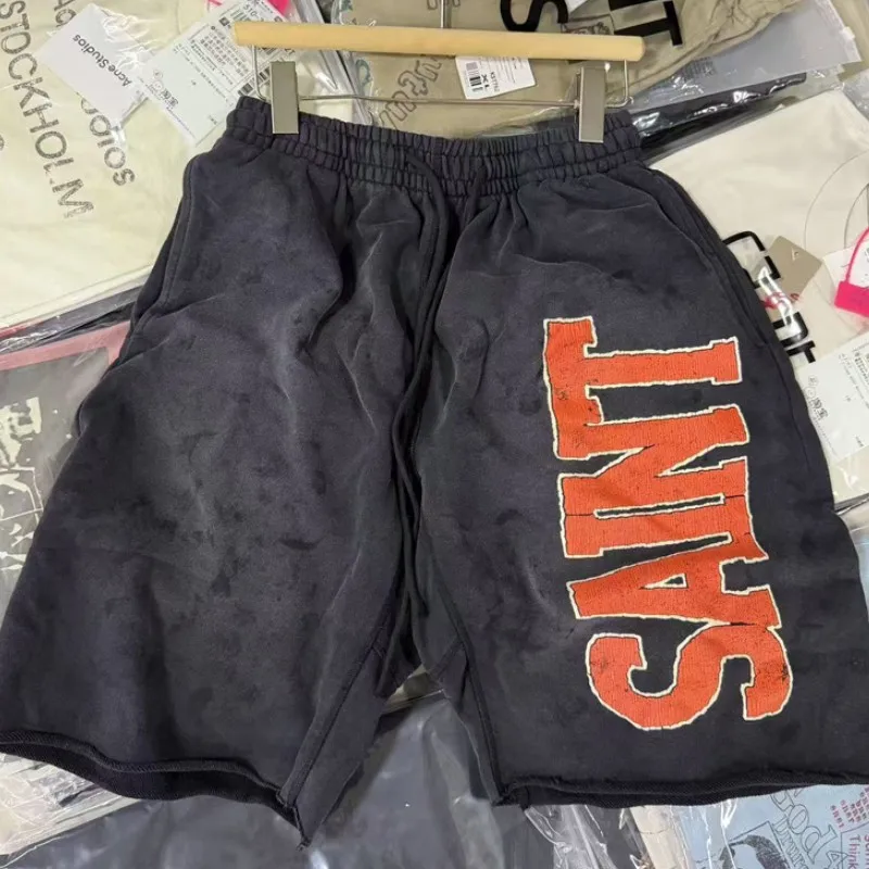 Retro High Street Washed Distressed Saint Shorts Men Women Elastic Drawstring Letter Print Sports Shorts Cut Edge Cropped Pants