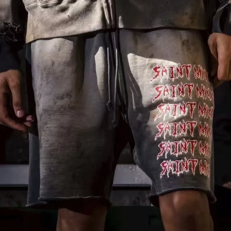 Retro High Street Washed Distressed Saint Shorts Men Women Elastic Drawstring Letter Print Sports Shorts Cut Edge Cropped Pants