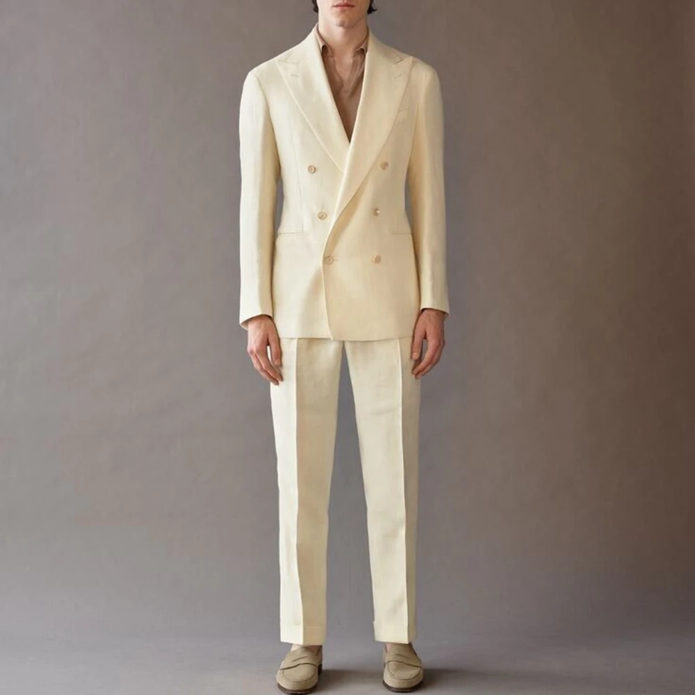 High End Suit For Men Cream Double Breasted Tuxedo Wedding Party Prom Beach Casual Business Suit Two Piece Jacket Pant