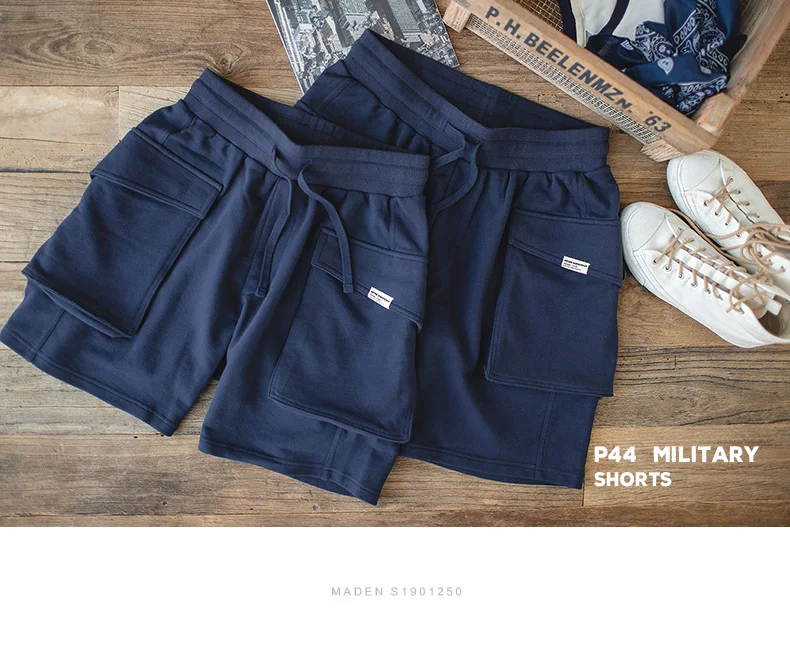 Maden Navy Blue P44 Cargo Joggers Shorts Men Loose Cotton Large Pocket Work Tactical Short Pants Amekaji Casual Knitted Shorts