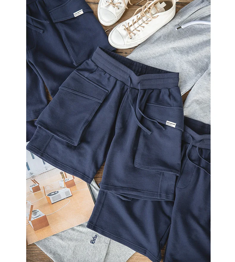 Maden Navy Blue P44 Cargo Joggers Shorts Men Loose Cotton Large Pocket Work Tactical Short Pants Amekaji Casual Knitted Shorts
