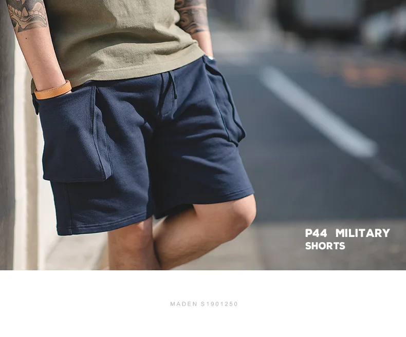 Maden Navy Blue P44 Cargo Joggers Shorts Men Loose Cotton Large Pocket Work Tactical Short Pants Amekaji Casual Knitted Shorts