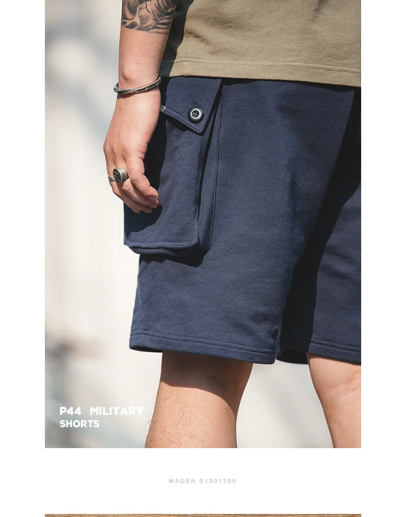 Maden Navy Blue P44 Cargo Joggers Shorts Men Loose Cotton Large Pocket Work Tactical Short Pants Amekaji Casual Knitted Shorts