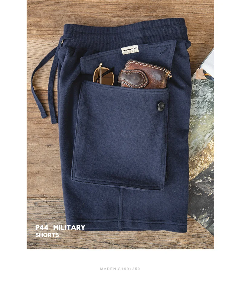 Maden Navy Blue P44 Cargo Joggers Shorts Men Loose Cotton Large Pocket Work Tactical Short Pants Amekaji Casual Knitted Shorts