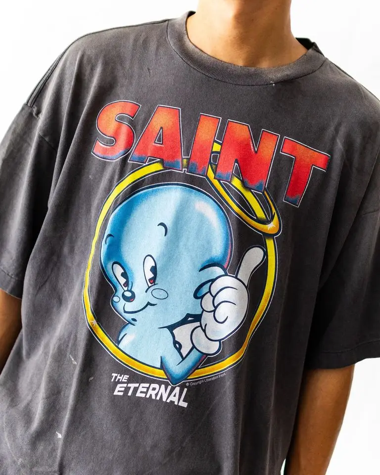 Nice Washed SAINT Cartoon Angel Print T Shirt Men Women Oversize Tee Tops T-Shirt