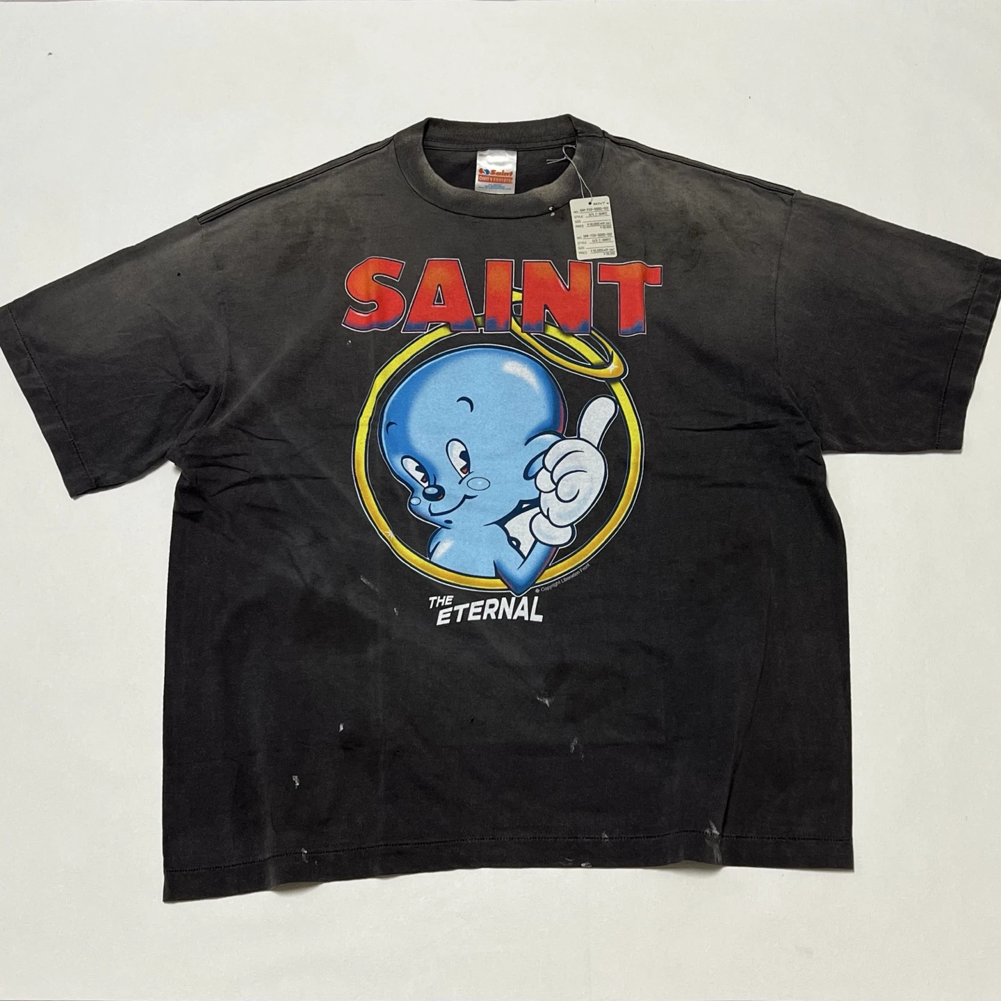 Nice Washed SAINT Cartoon Angel Print T Shirt Men Women Oversize Tee Tops T-Shirt