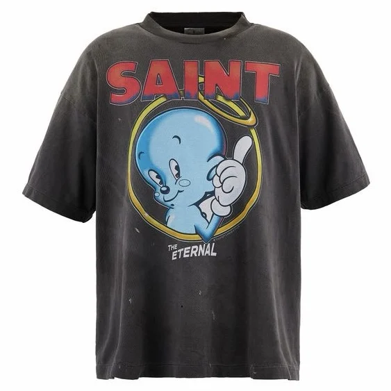 Nice Washed SAINT Cartoon Angel Print T Shirt Men Women Oversize Tee Tops T-Shirt