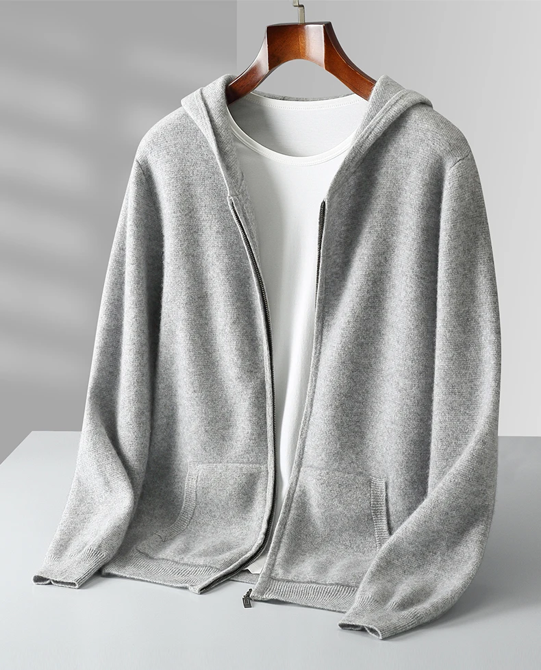 Autumn Winter New 100% Merino Wool Men's Zipper Hooded Coat Thick Sweater Warm Long Sleeved Knitted Cardigan men's coat