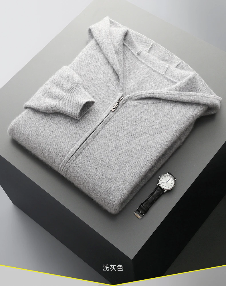 Autumn Winter New 100% Merino Wool Men's Zipper Hooded Coat Thick Sweater Warm Long Sleeved Knitted Cardigan men's coat