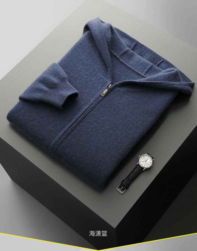 Autumn Winter New 100% Merino Wool Men's Zipper Hooded Coat Thick Sweater Warm Long Sleeved Knitted Cardigan men's coat