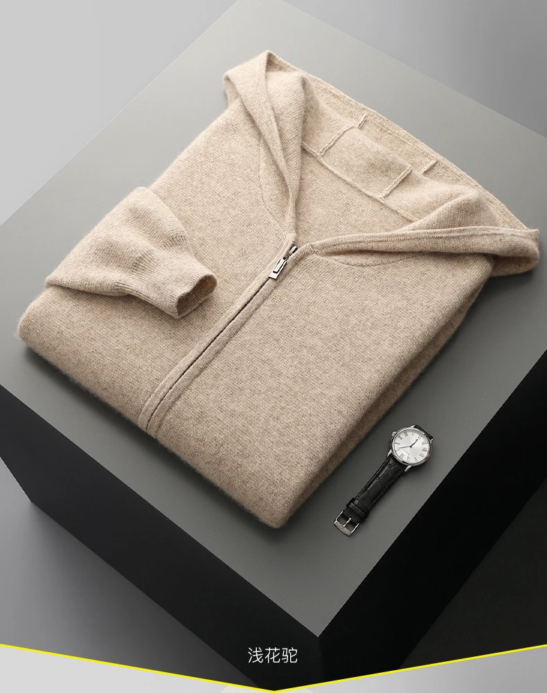 Autumn Winter New 100% Merino Wool Men's Zipper Hooded Coat Thick Sweater Warm Long Sleeved Knitted Cardigan men's coat
