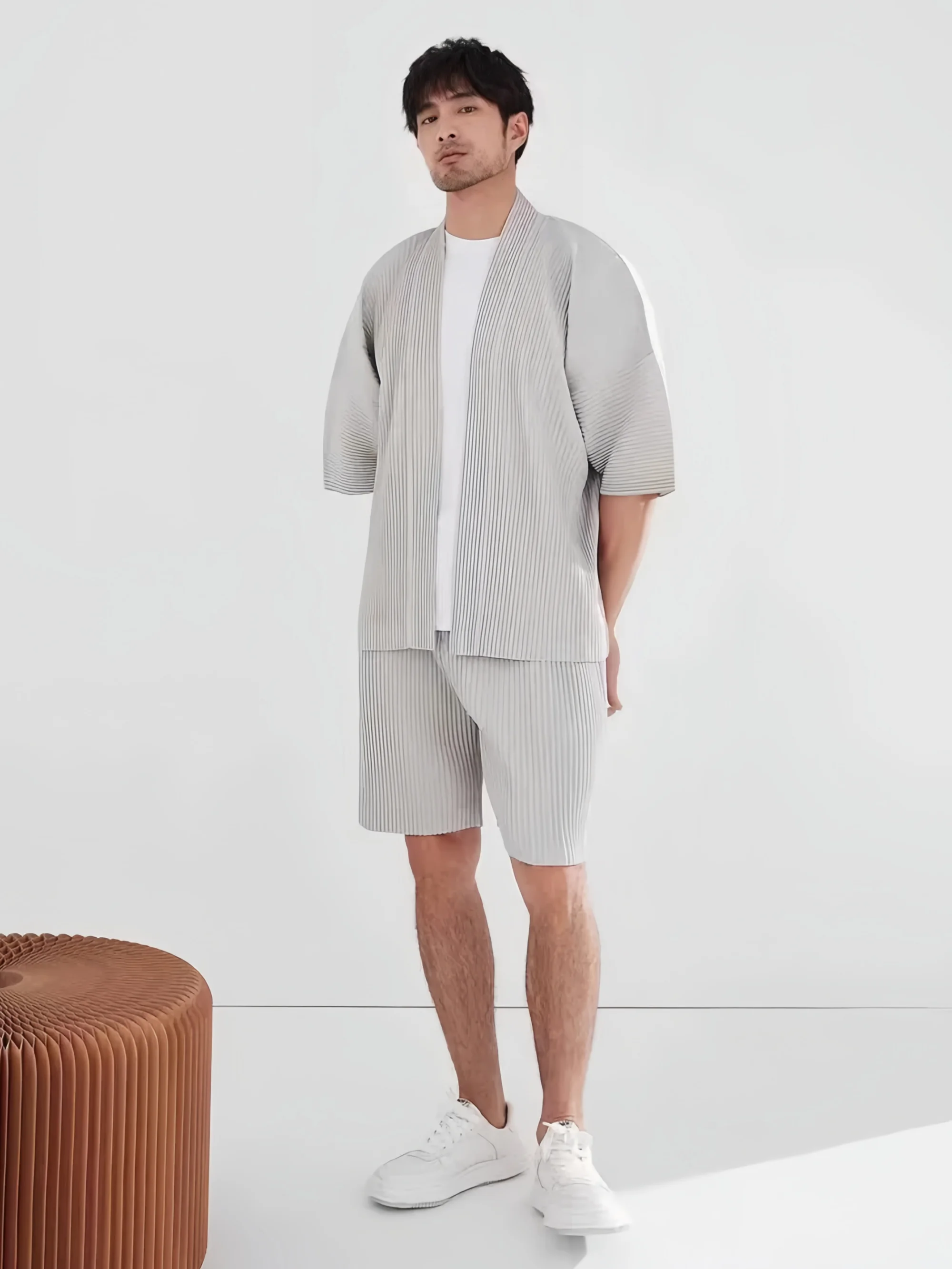 Miyake Pleated Kimono Jacket Men Japanese Style Half Sleeve Short Sleeve Open Front Casual Cardigan Loose Fit Streetwear Top