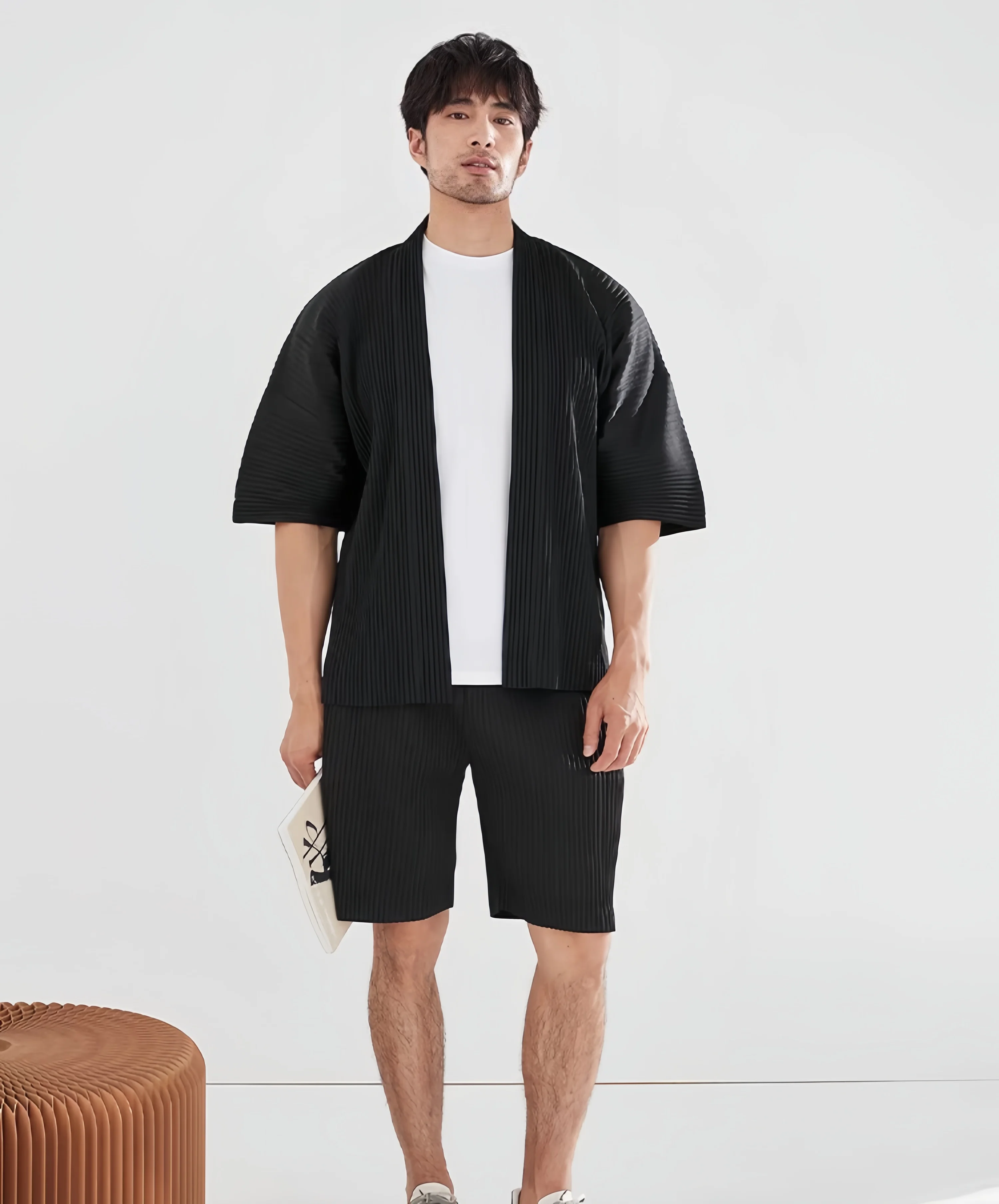 Miyake Pleated Kimono Jacket Men Japanese Style Half Sleeve Short Sleeve Open Front Casual Cardigan Loose Fit Streetwear Top