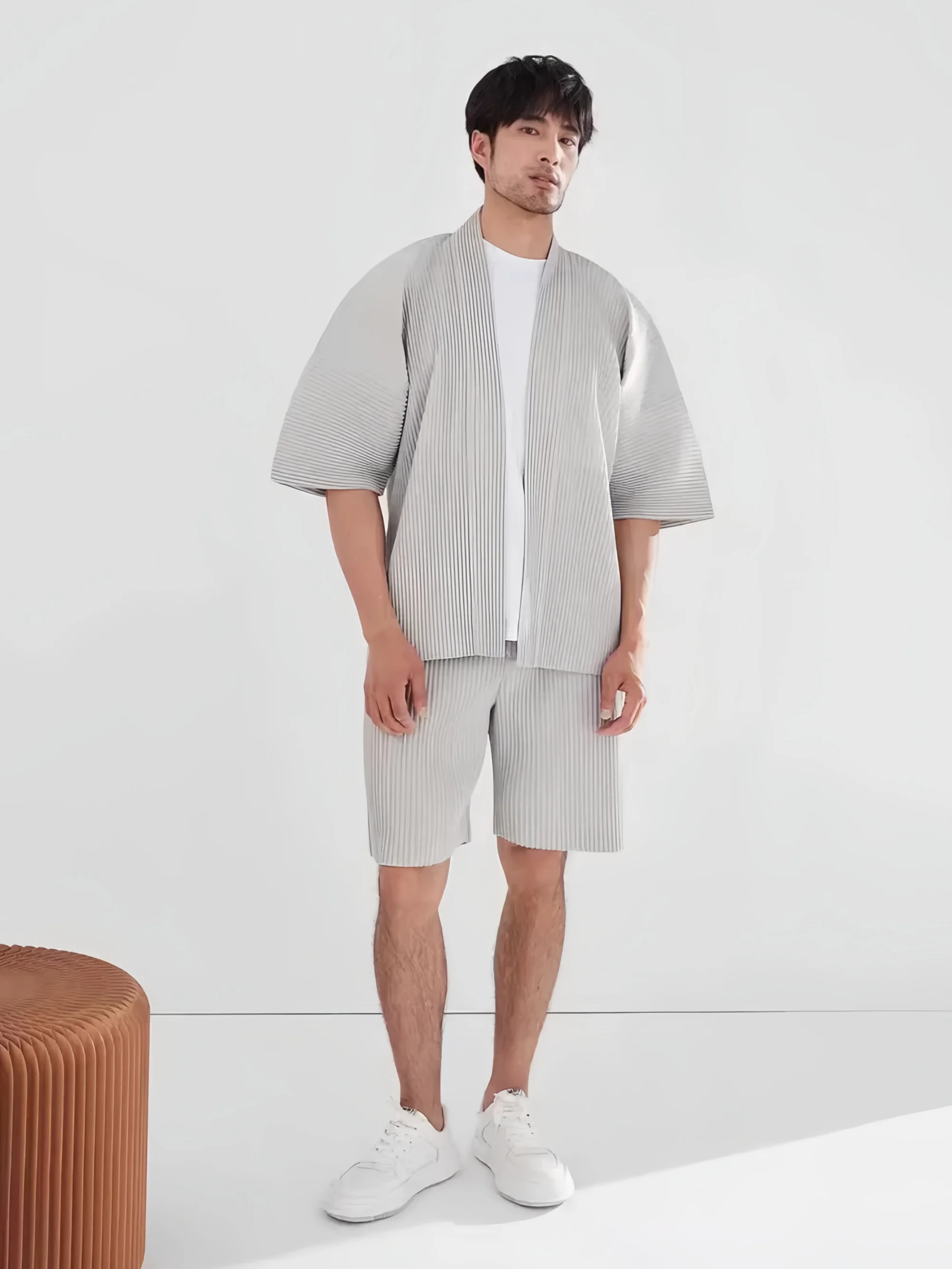 Miyake Pleated Kimono Jacket Men Japanese Style Half Sleeve Short Sleeve Open Front Casual Cardigan Loose Fit Streetwear Top