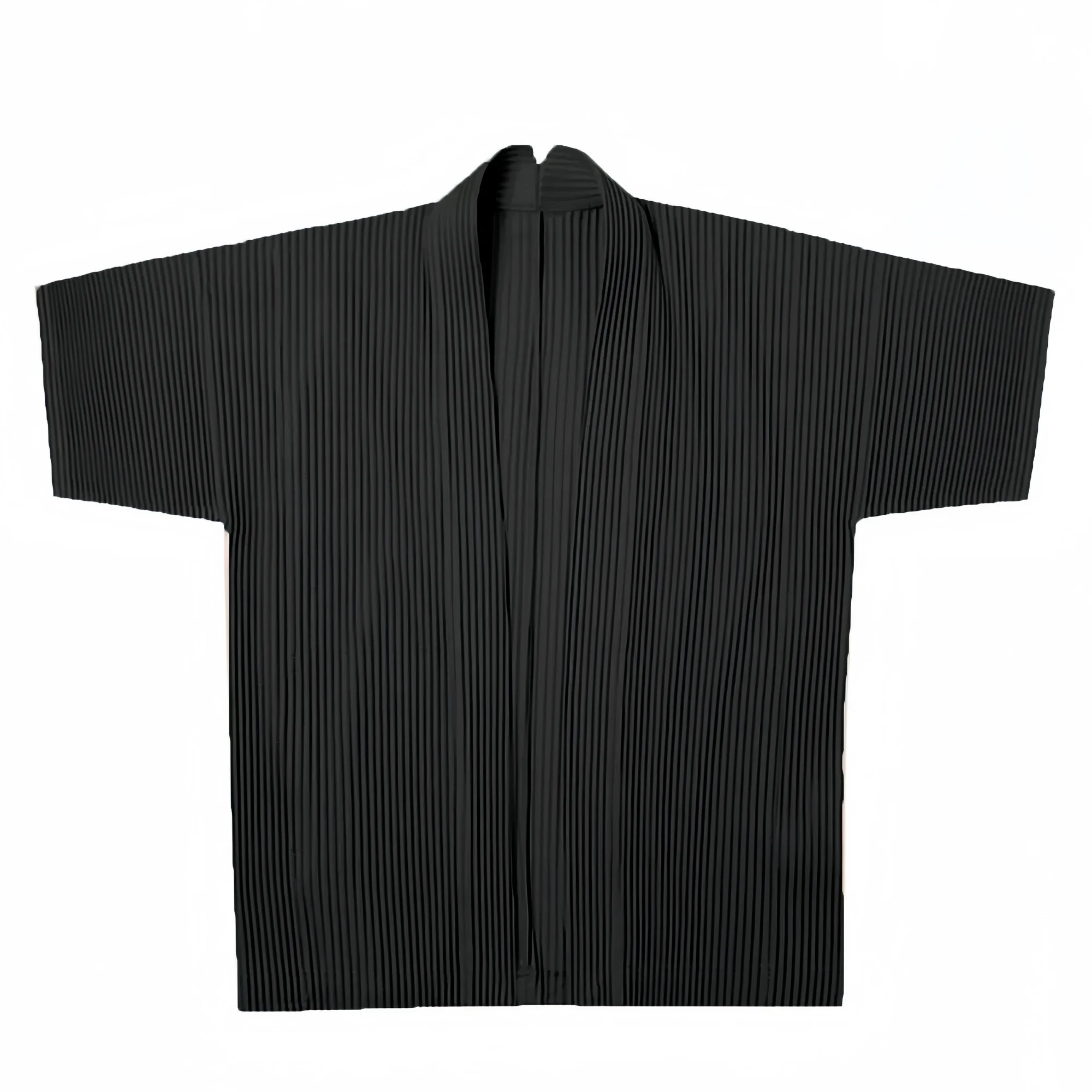 Miyake Pleated Kimono Jacket Men Japanese Style Half Sleeve Short Sleeve Open Front Casual Cardigan Loose Fit Streetwear Top