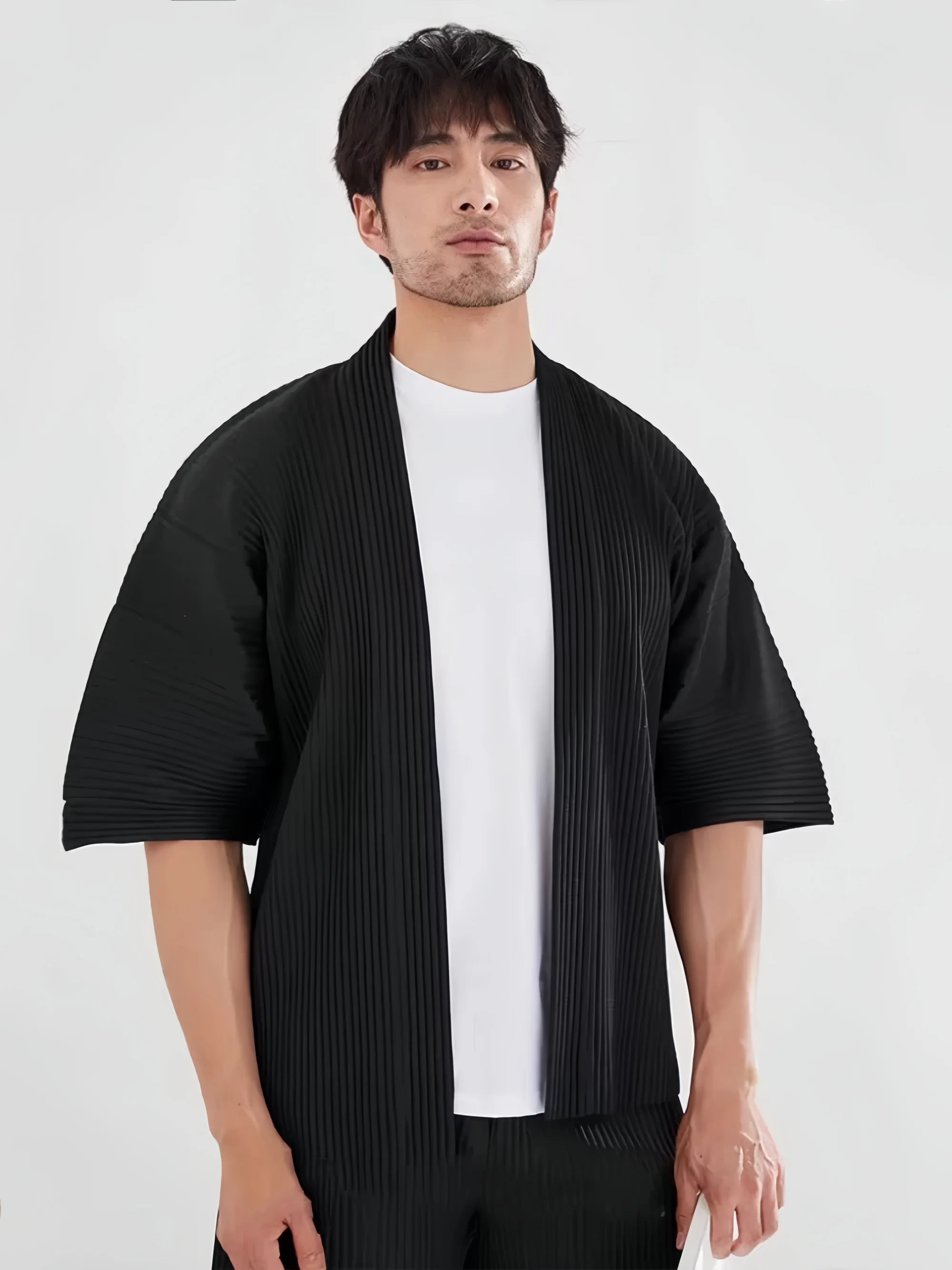 Miyake Pleated Kimono Jacket Men Japanese Style Half Sleeve Short Sleeve Open Front Casual Cardigan Loose Fit Streetwear Top