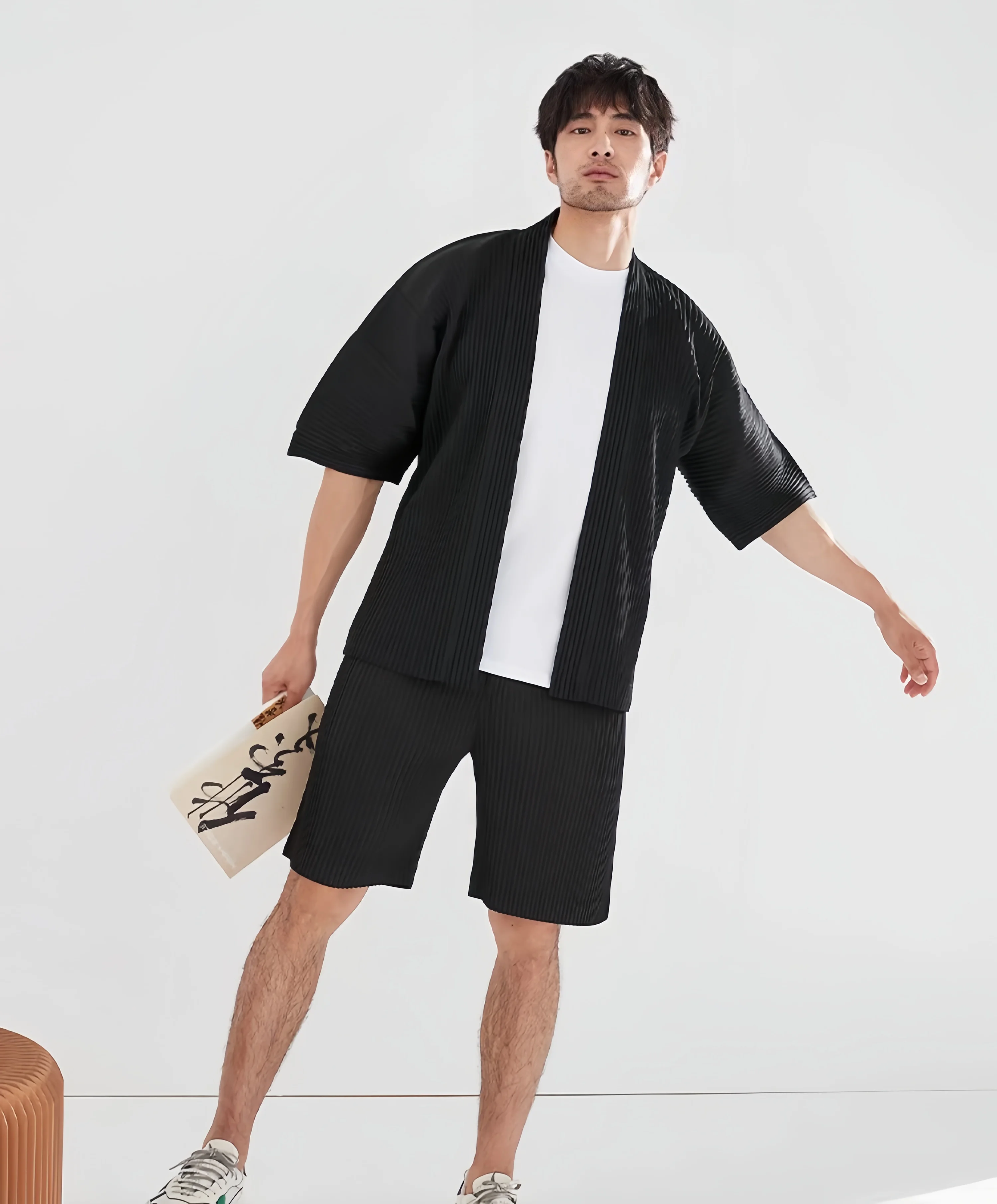 Miyake Pleated Kimono Jacket Men Japanese Style Half Sleeve Short Sleeve Open Front Casual Cardigan Loose Fit Streetwear Top