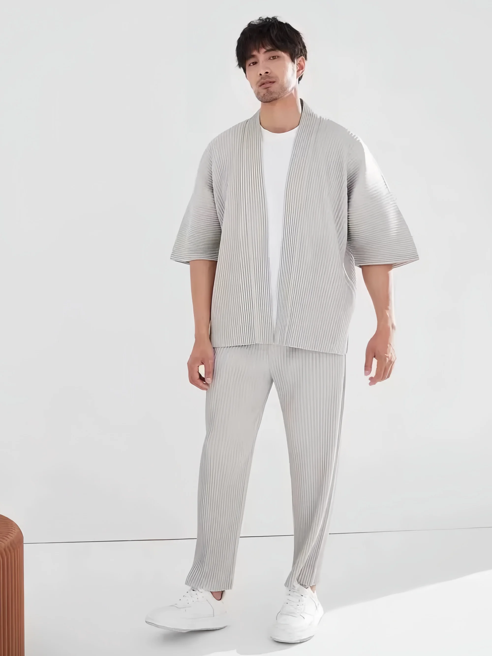 Miyake Pleated Kimono Jacket Men Japanese Style Half Sleeve Short Sleeve Open Front Casual Cardigan Loose Fit Streetwear Top