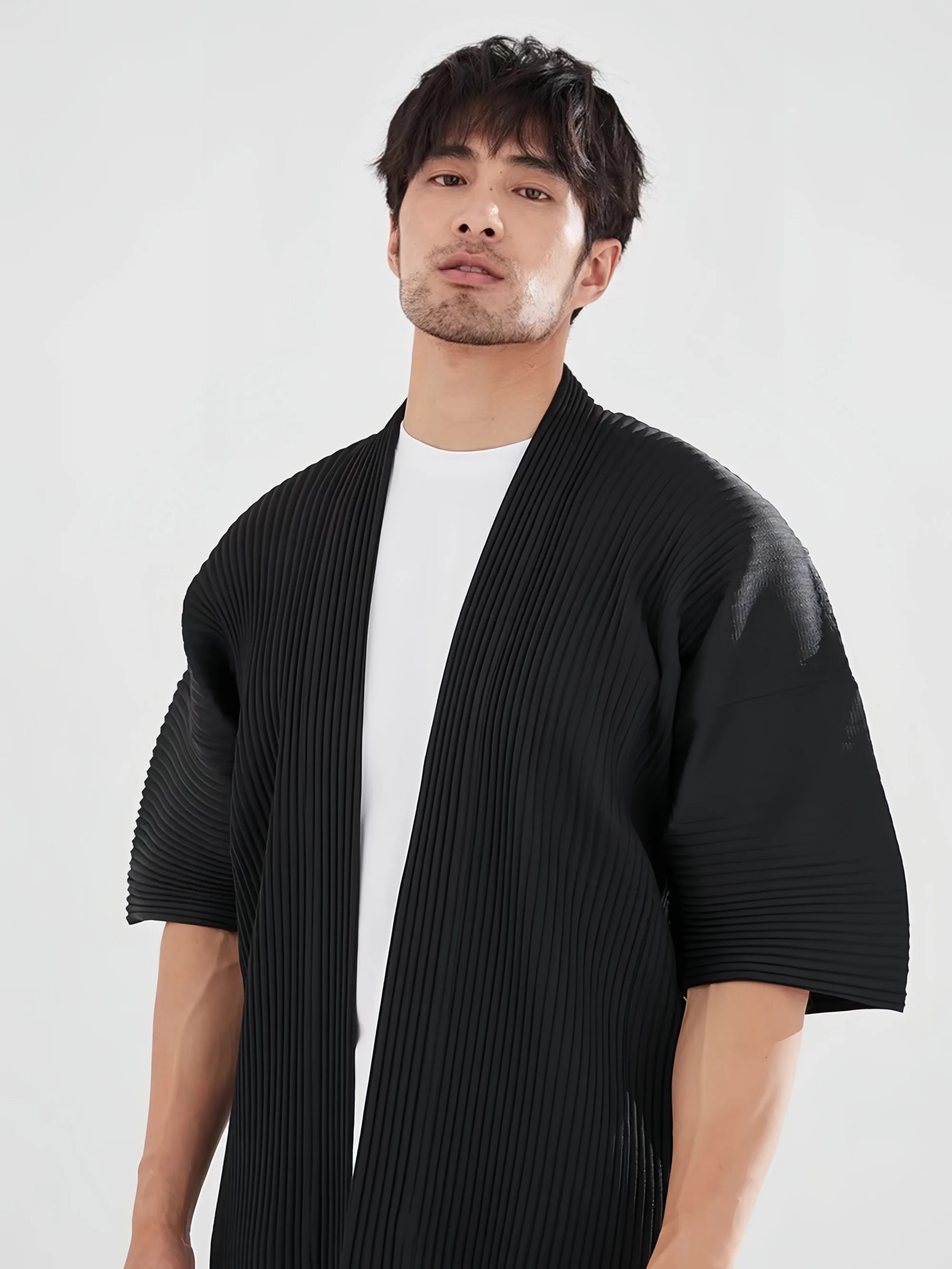Miyake Pleated Kimono Jacket Men Japanese Style Half Sleeve Short Sleeve Open Front Casual Cardigan Loose Fit Streetwear Top