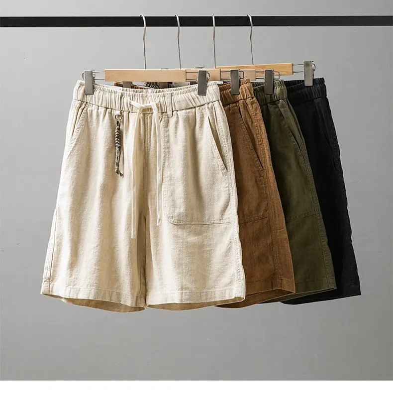DUKEEN Men's Linen Blend Cargo Shorts Summer Breathable Drawstring Casual Beach Shorts Loose Fit Knee Length Straight Leg Shorts