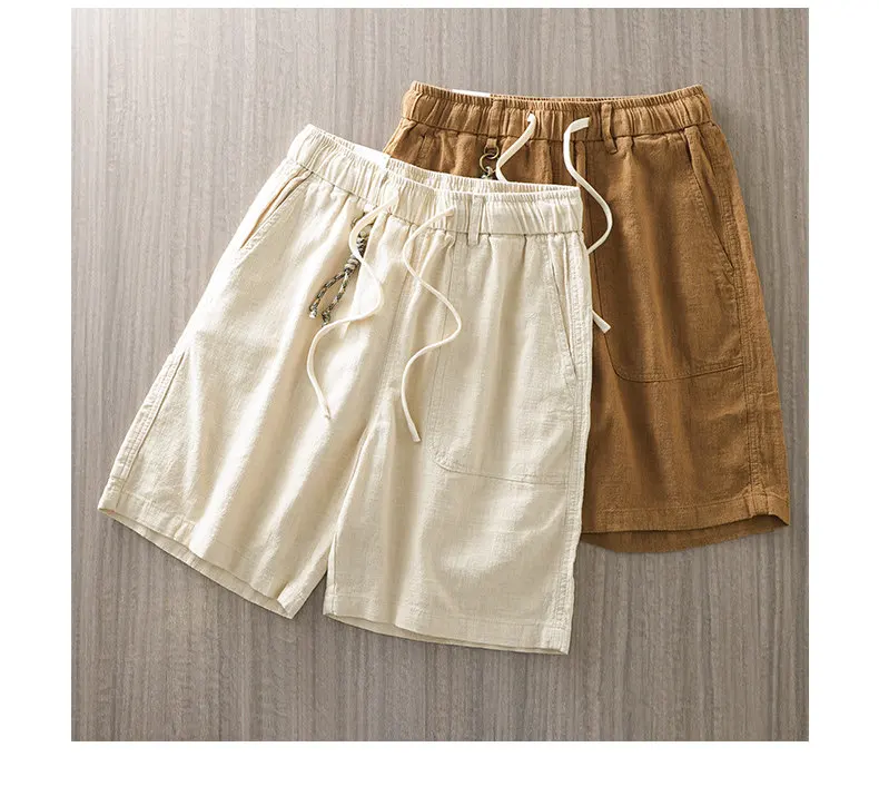 DUKEEN Men's Linen Blend Cargo Shorts Summer Breathable Drawstring Casual Beach Shorts Loose Fit Knee Length Straight Leg Shorts