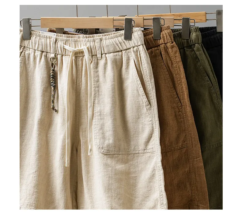 DUKEEN Men's Linen Blend Cargo Shorts Summer Breathable Drawstring Casual Beach Shorts Loose Fit Knee Length Straight Leg Shorts
