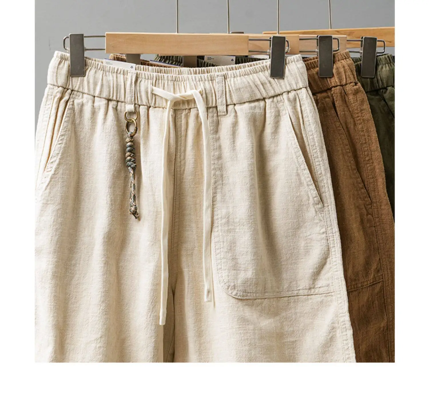 DUKEEN Men's Linen Blend Cargo Shorts Summer Breathable Drawstring Casual Beach Shorts Loose Fit Knee Length Straight Leg Shorts
