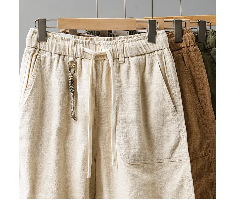 DUKEEN Men's Linen Blend Cargo Shorts Summer Breathable Drawstring Casual Beach Shorts Loose Fit Knee Length Straight Leg Shorts