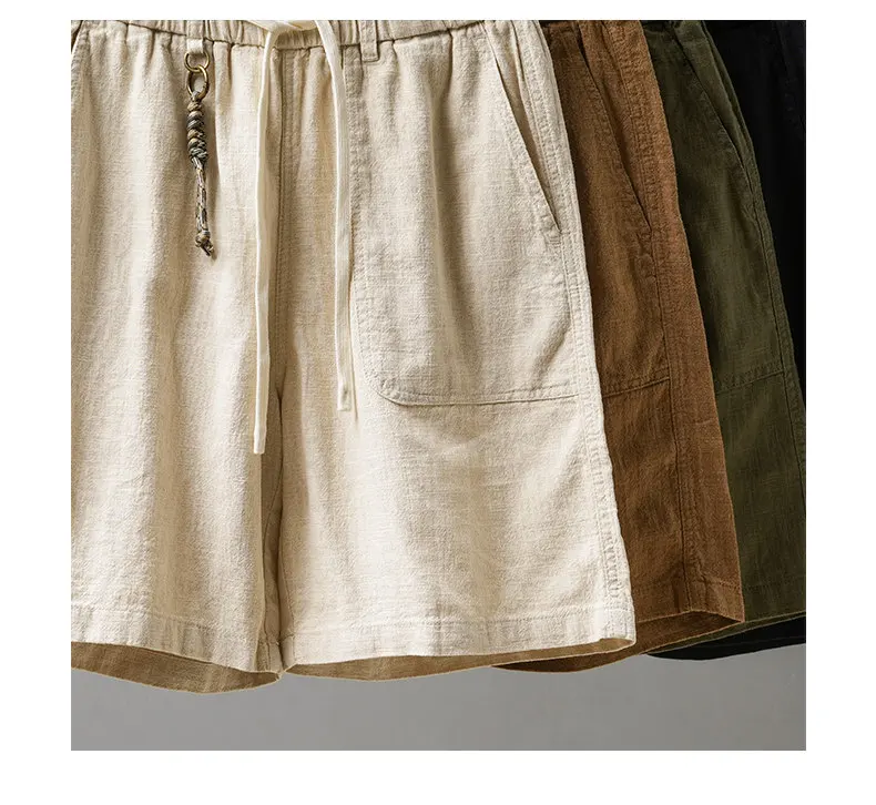 DUKEEN Men's Linen Blend Cargo Shorts Summer Breathable Drawstring Casual Beach Shorts Loose Fit Knee Length Straight Leg Shorts