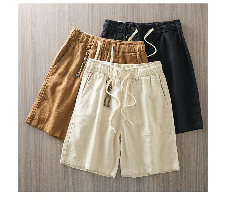DUKEEN Men's Linen Blend Cargo Shorts Summer Breathable Drawstring Casual Beach Shorts Loose Fit Knee Length Straight Leg Shorts