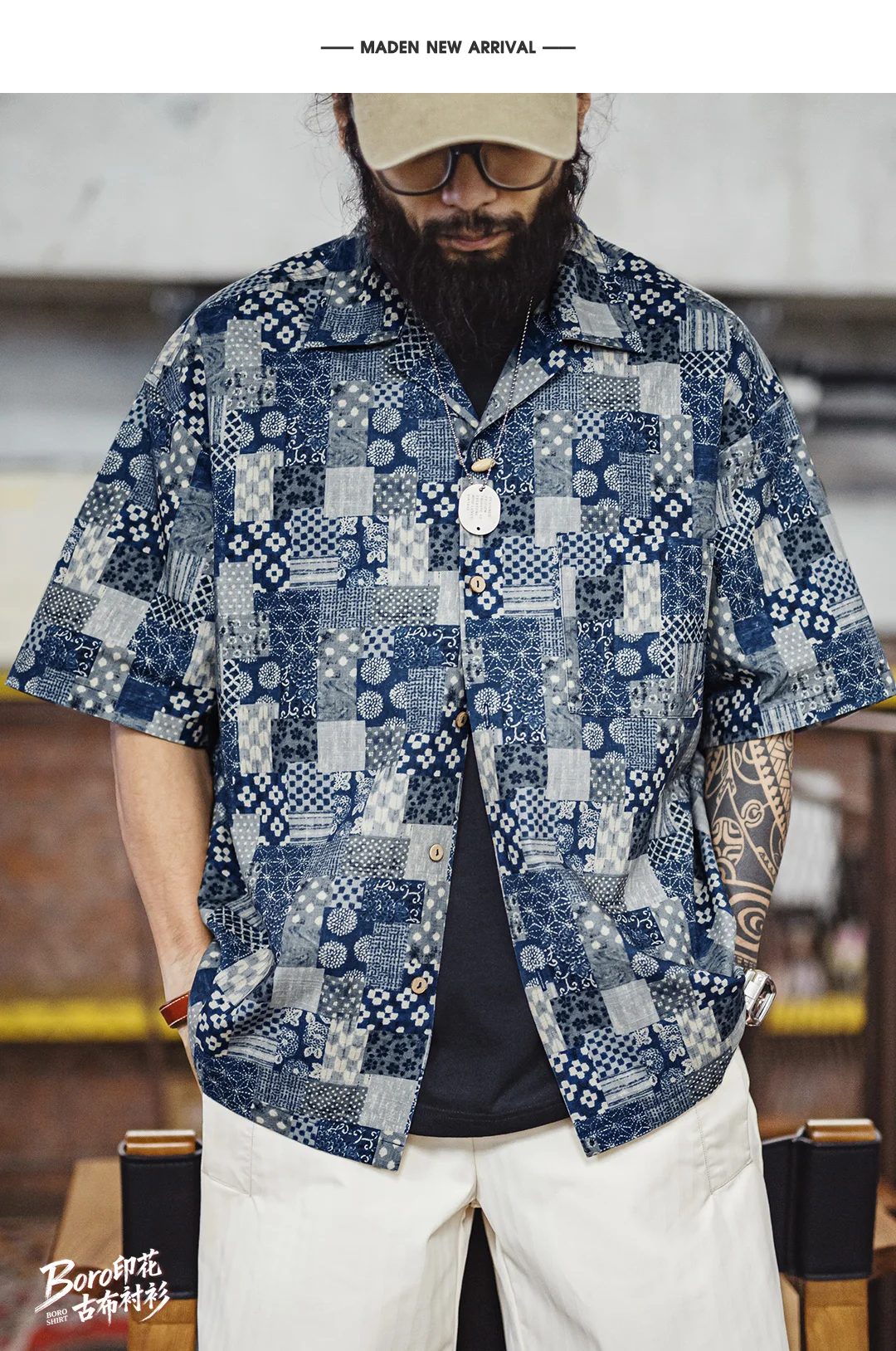Maden Men's Cotton Printed Short Sleeve Shirt Boro Patchwork Casual Button Overshirt Lightweight Breathable Summer Outwear