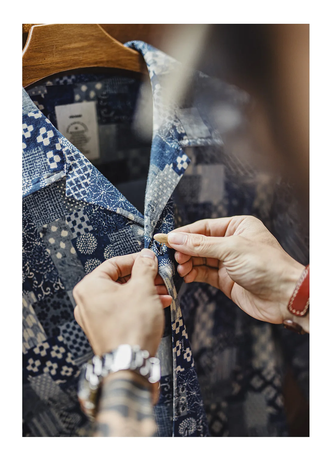 Maden Men's Cotton Printed Short Sleeve Shirt Boro Patchwork Casual Button Overshirt Lightweight Breathable Summer Outwear