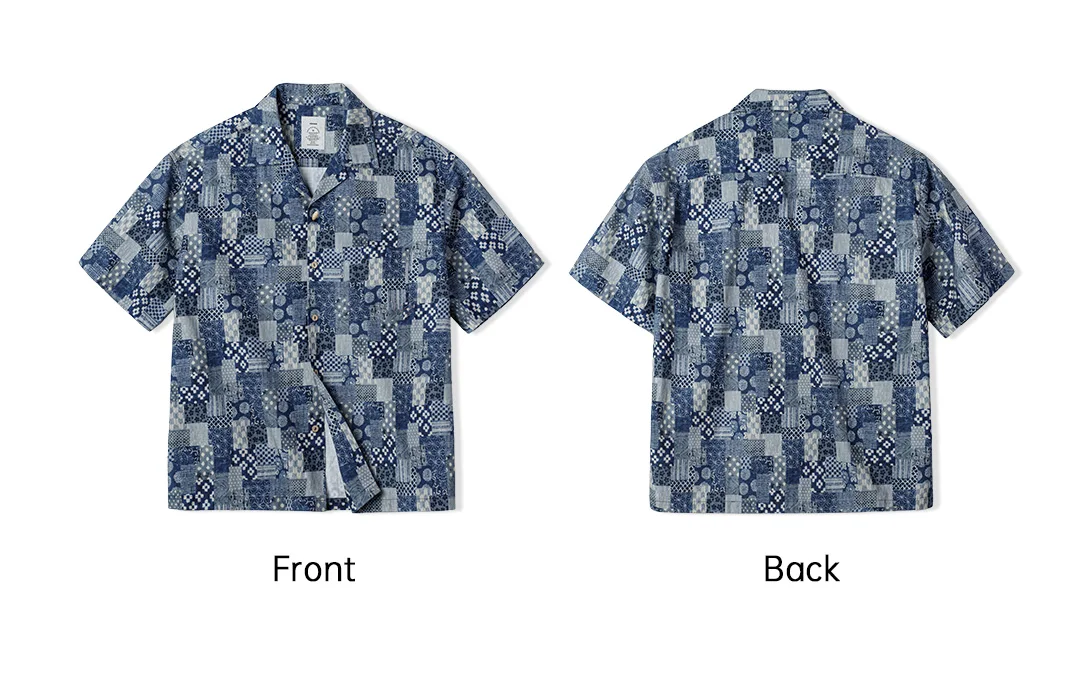 Maden Men's Cotton Printed Short Sleeve Shirt Boro Patchwork Casual Button Overshirt Lightweight Breathable Summer Outwear