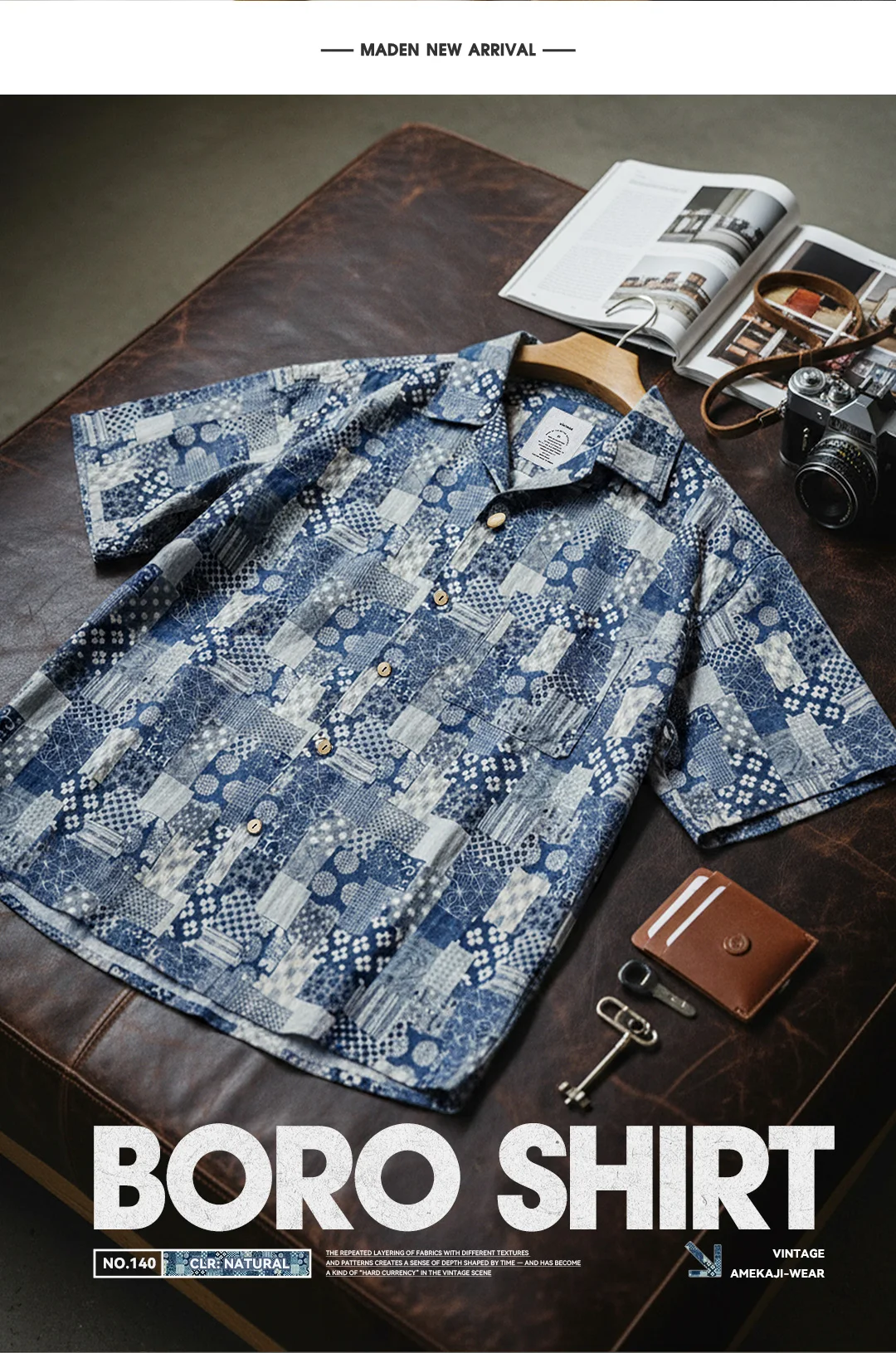 Maden Men's Cotton Printed Short Sleeve Shirt Boro Patchwork Casual Button Overshirt Lightweight Breathable Summer Outwear