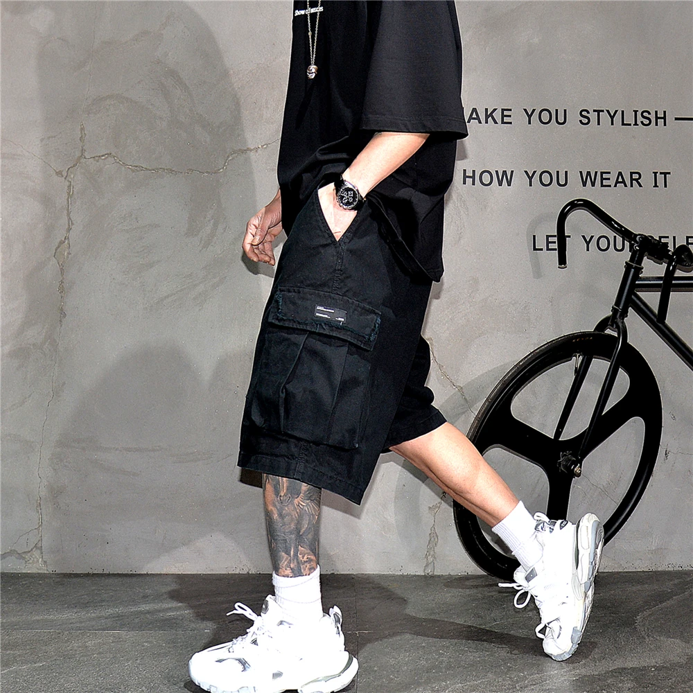 Japanese Korean Cargo Shorts For Men Summer Heavyweight Cotton 5-Inch Premium Distressed Streetwear Trendy Casual Pants Male