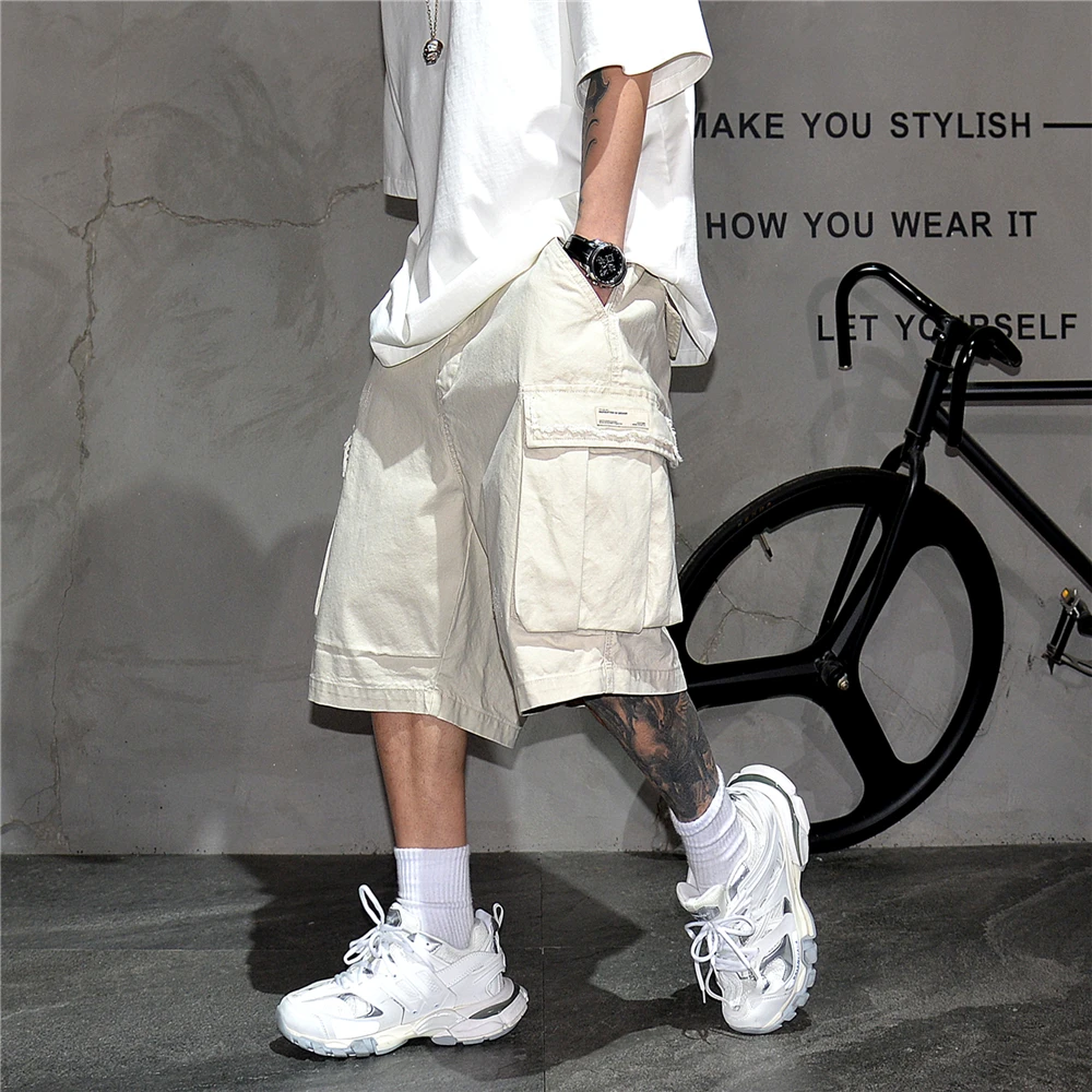 Japanese Korean Cargo Shorts For Men Summer Heavyweight Cotton 5-Inch Premium Distressed Streetwear Trendy Casual Pants Male