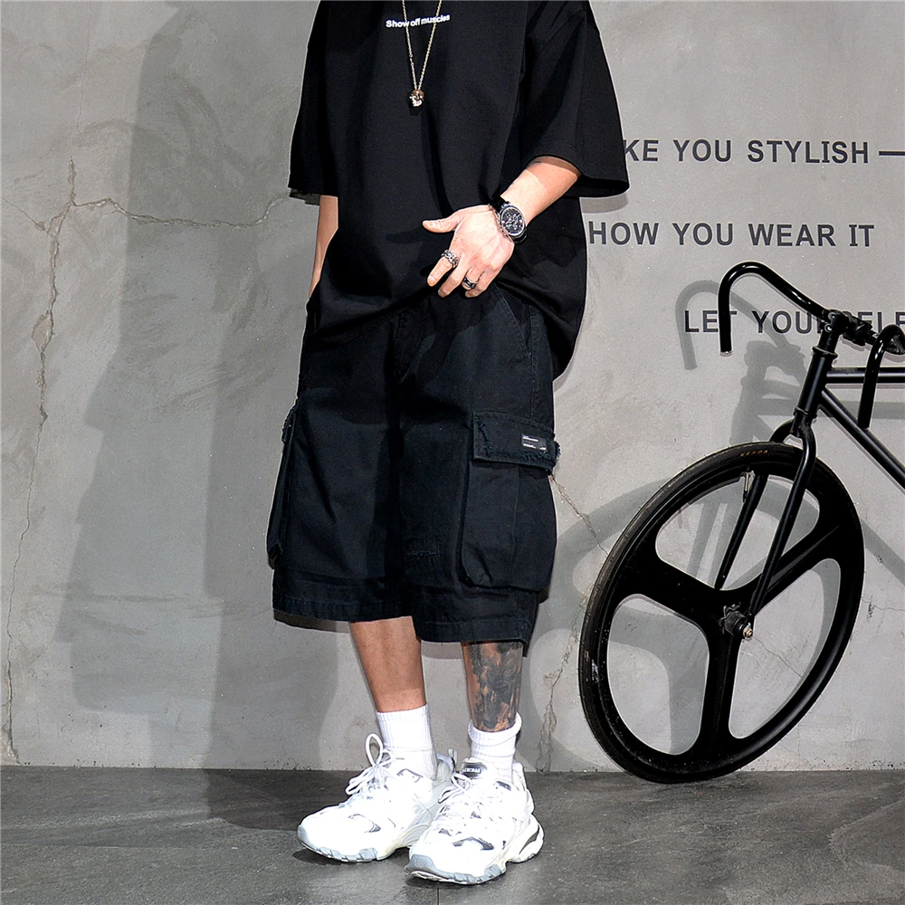 Japanese Korean Cargo Shorts For Men Summer Heavyweight Cotton 5-Inch Premium Distressed Streetwear Trendy Casual Pants Male