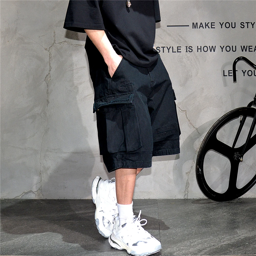 Japanese Korean Cargo Shorts For Men Summer Heavyweight Cotton 5-Inch Premium Distressed Streetwear Trendy Casual Pants Male