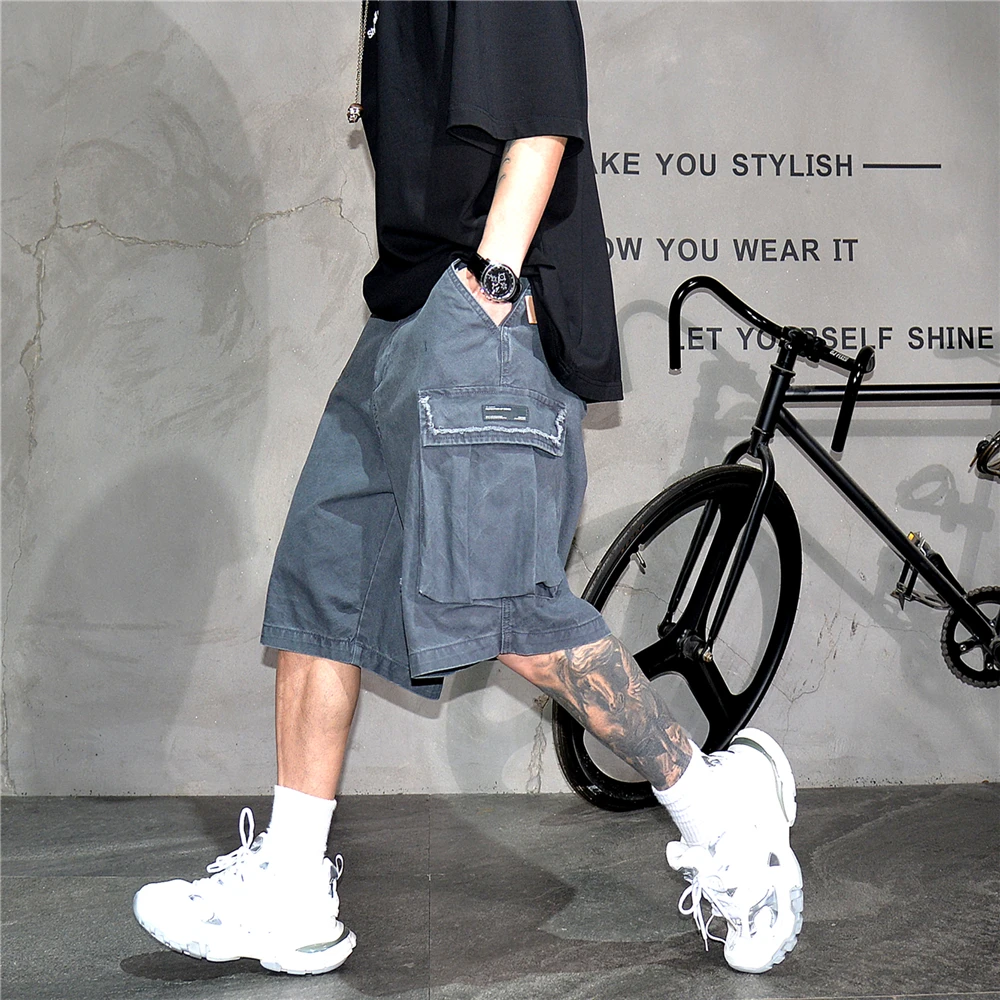 Japanese Korean Cargo Shorts For Men Summer Heavyweight Cotton 5-Inch Premium Distressed Streetwear Trendy Casual Pants Male