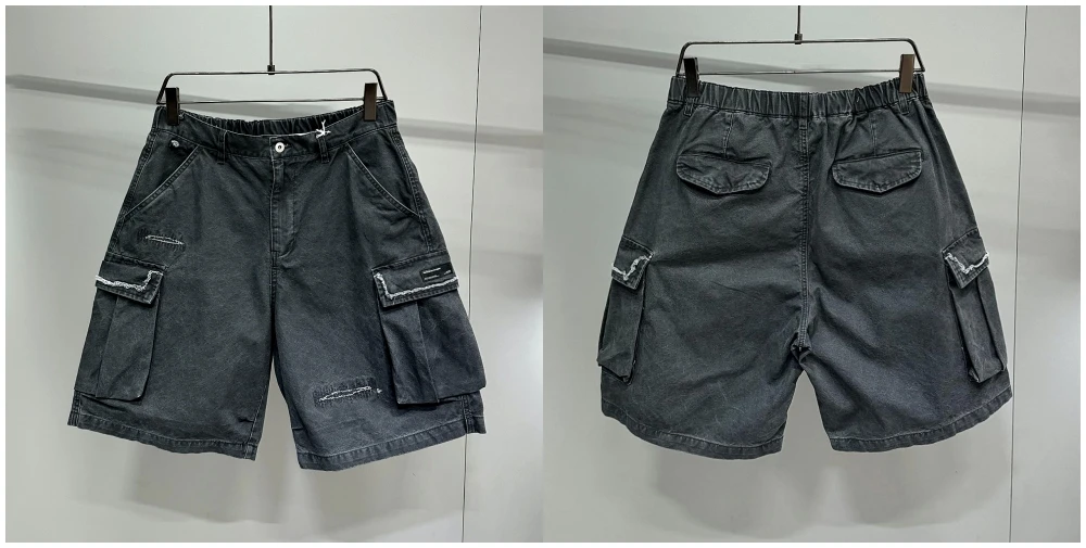 Japanese Korean Cargo Shorts For Men Summer Heavyweight Cotton 5-Inch Premium Distressed Streetwear Trendy Casual Pants Male