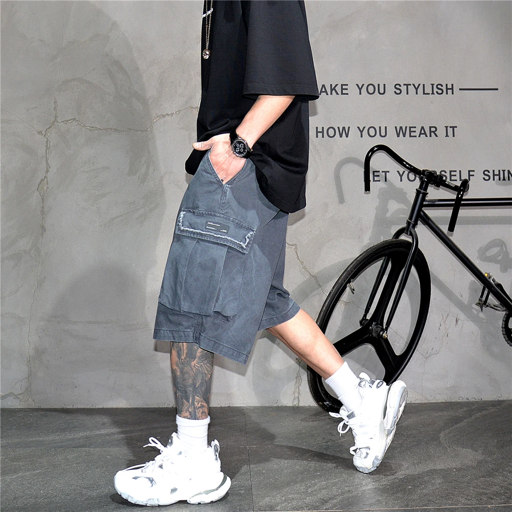 Japanese Korean Cargo Shorts For Men Summer Heavyweight Cotton 5-Inch Premium Distressed Streetwear Trendy Casual Pants Male