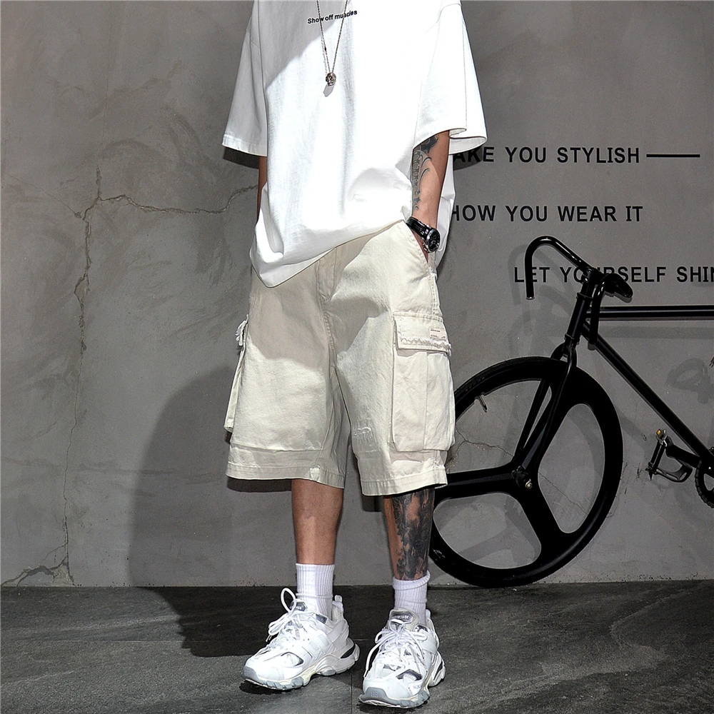 Japanese Korean Cargo Shorts For Men Summer Heavyweight Cotton 5-Inch Premium Distressed Streetwear Trendy Casual Pants Male