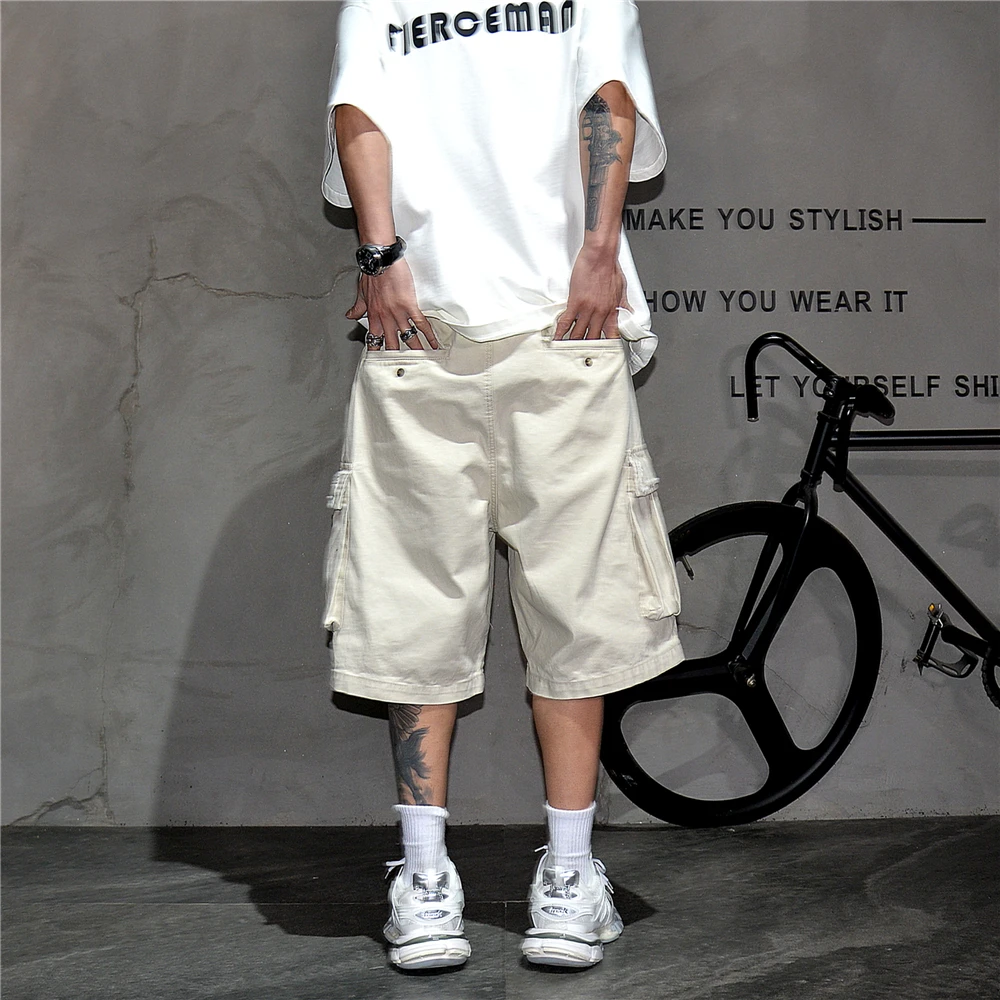 Japanese Korean Cargo Shorts For Men Summer Heavyweight Cotton 5-Inch Premium Distressed Streetwear Trendy Casual Pants Male