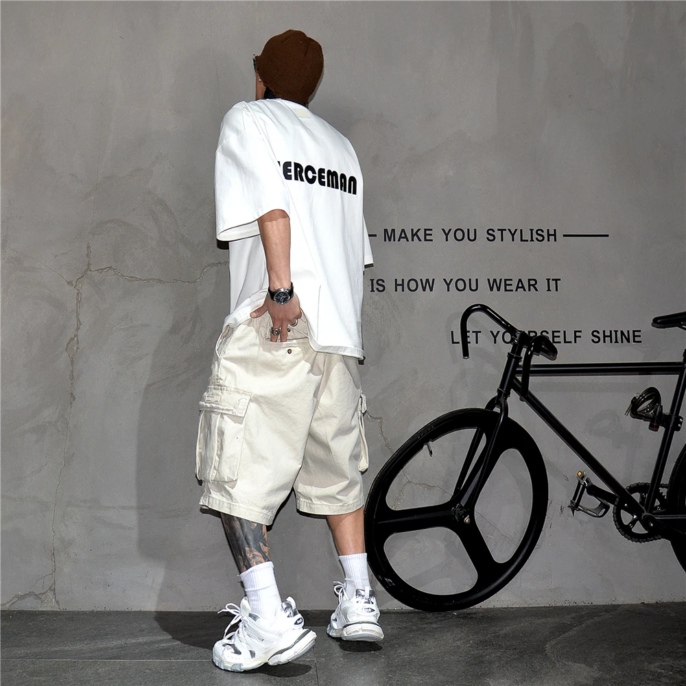 Japanese Korean Cargo Shorts For Men Summer Heavyweight Cotton 5-Inch Premium Distressed Streetwear Trendy Casual Pants Male